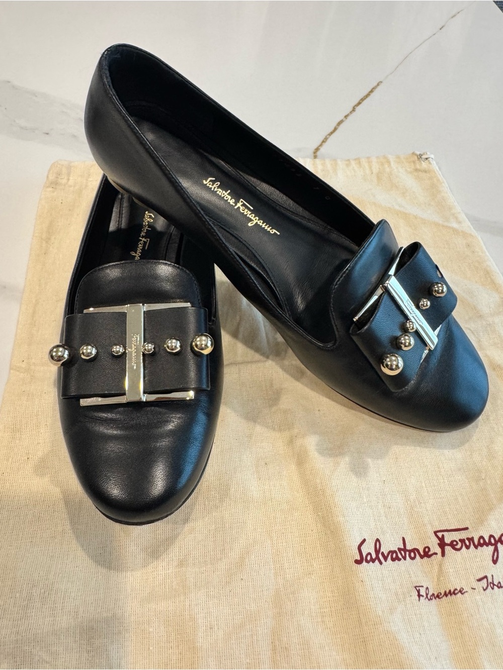Salvatore Ferragamo Black Leather Bow Loafers with Gold Studs